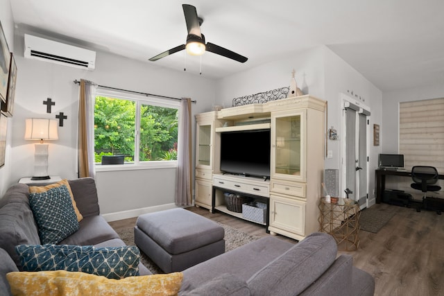 5970-A Heamoi Pl, Kapaa, HI 96746 - living room with a wall mounted AC, wood finished floors, and a ceiling fan