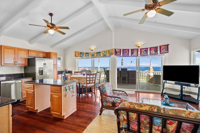 88-1557 Umi Ave, Captain Cook, HI 96704 - kitchen with stainless steel appliances, a ceiling fan, a center island, plenty of natural light, and beam ceiling