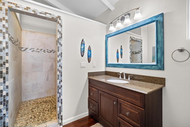 88-1557 Umi Ave, Captain Cook, HI 96704 - bathroom with vanity, a walk in shower, lofted ceiling, and wood finished floors