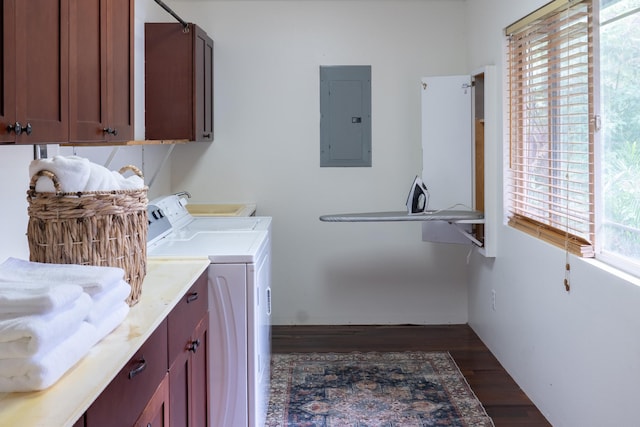 73-1599 Hao St, Kailua-Kona, HI 96740 - laundry area with electric panel, cabinet space, dark wood-type flooring, and washing machine and clothes dryer