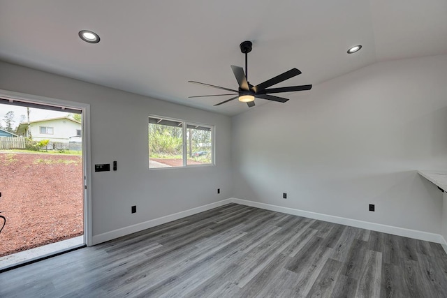 16-2069 Azure Dr, Pahoa, HI 96778 - unfurnished room with recessed lighting, wood finished floors, a ceiling fan, and vaulted ceiling