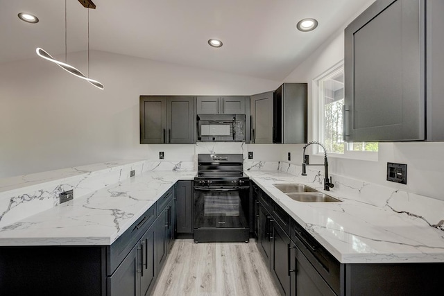 16-2069 Azure Dr, Pahoa, HI 96778 - kitchen featuring black appliances, lofted ceiling, light wood-type flooring, light stone countertops, and recessed lighting