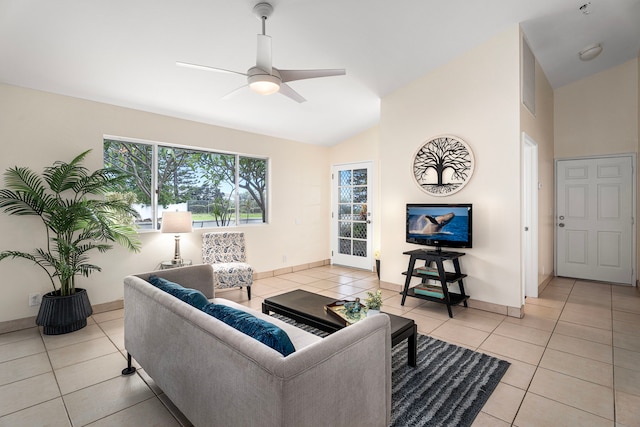 75-217 Nani Kailua Dr Unit 157, Kailua-Kona, HI 96740 - living room featuring light tile patterned floors, ceiling fan, and vaulted ceiling