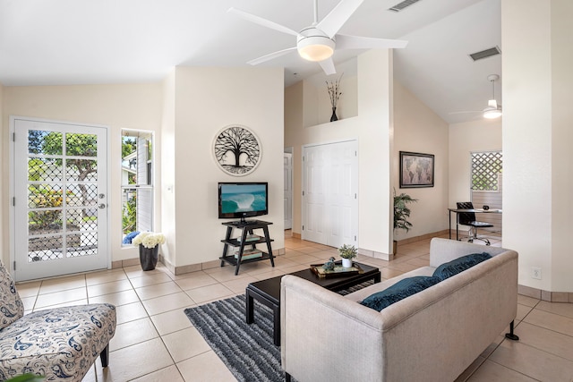 75-217 Nani Kailua Dr Unit 157, Kailua-Kona, HI 96740 - living area featuring a ceiling fan, light tile patterned flooring, and high vaulted ceiling