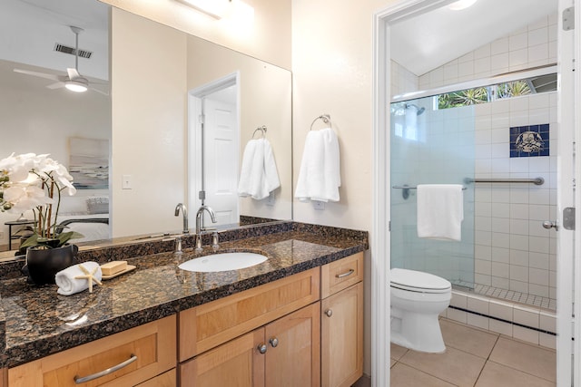 75-217 Nani Kailua Dr Unit 157, Kailua-Kona, HI 96740 - ensuite bathroom with a stall shower, vanity, tile patterned floors, ceiling fan, and vaulted ceiling