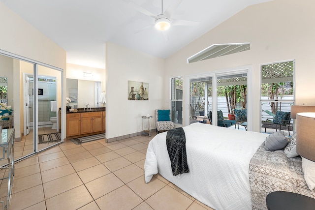 75-217 Nani Kailua Dr Unit 157, Kailua-Kona, HI 96740 - bedroom featuring high vaulted ceiling, light tile patterned flooring, connected bathroom, and ceiling fan