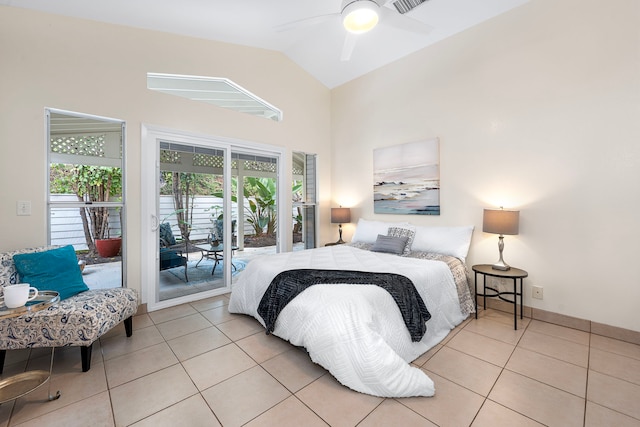 75-217 Nani Kailua Dr Unit 157, Kailua-Kona, HI 96740 - bedroom featuring access to exterior, tile patterned floors, lofted ceiling, and ceiling fan
