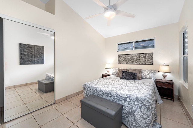 75-217 Nani Kailua Dr Unit 157, Kailua-Kona, HI 96740 - bedroom with light tile patterned flooring, ceiling fan, and high vaulted ceiling