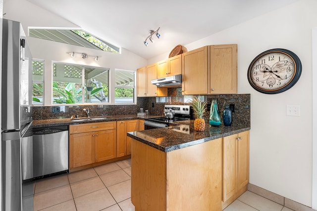 75-217 Nani Kailua Dr Unit 157, Kailua-Kona, HI 96740 - kitchen featuring stainless steel appliances, lofted ceiling, under cabinet range hood, a peninsula, and light tile patterned floors