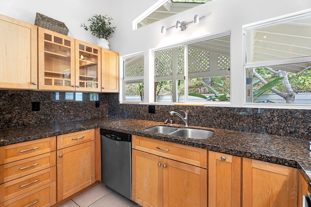 75-217 Nani Kailua Dr Unit 157, Kailua-Kona, HI 96740 - kitchen featuring dishwasher, tasteful backsplash, glass insert cabinets, light tile patterned floors, and dark stone counters