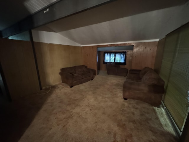 18-7855 Kulani Rd, Mountain View, HI 96771 - carpeted living room with lofted ceiling and wooden walls