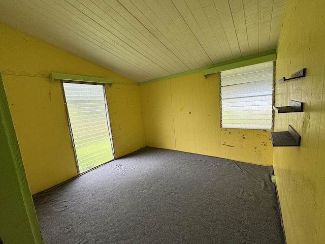 18-7855 Kulani Rd, Mountain View, HI 96771 - carpeted empty room with vaulted ceiling, wood walls, and wooden ceiling
