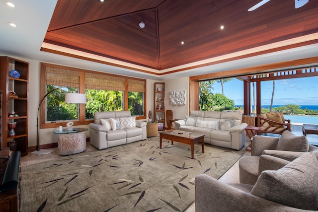 72-106 Hainoa Pl Unit 4, Kailua-Kona, HI 96740 - living room featuring a tray ceiling, wood ceiling, recessed lighting, and a water view