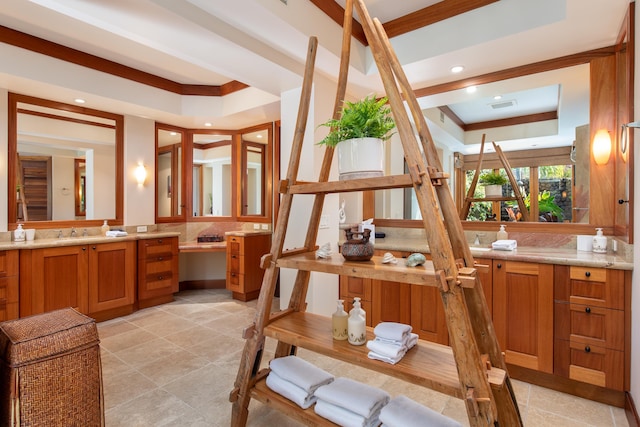 72-106 Hainoa Pl Unit 4, Kailua-Kona, HI 96740 - full bath featuring a raised ceiling, ornamental molding, vanity, tasteful backsplash, and recessed lighting