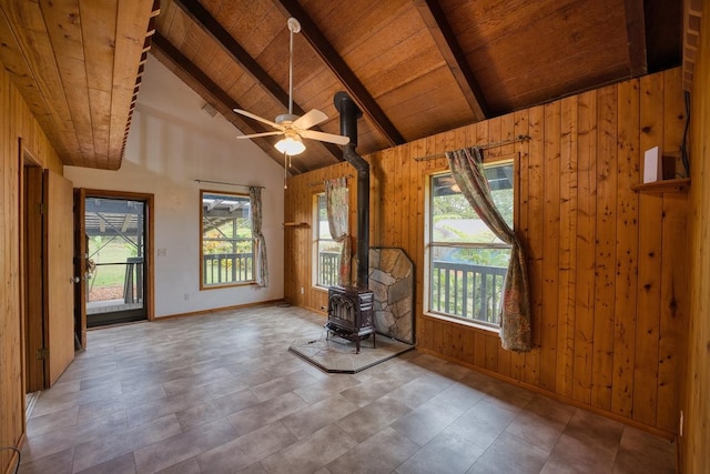 45-3463 Kahana Dr, Honokaa, HI 96727 - unfurnished room featuring a wood stove, healthy amount of natural light, wood walls, a wooden ceiling with exposed beams, and high vaulted ceiling