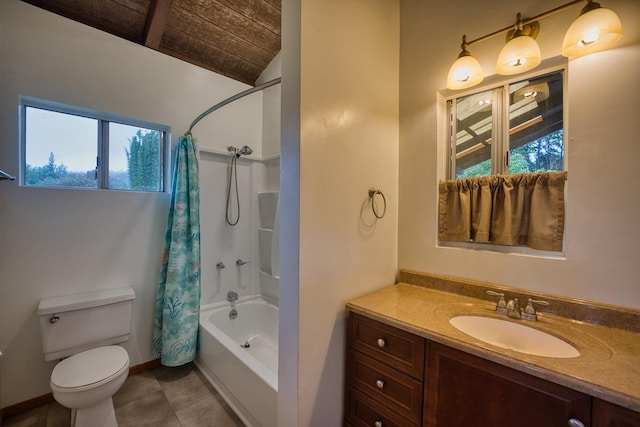 45-3463 Kahana Dr, Honokaa, HI 96727 - full bathroom with wood ceiling, vanity, healthy amount of natural light, shower / bath combo, and tile patterned floors