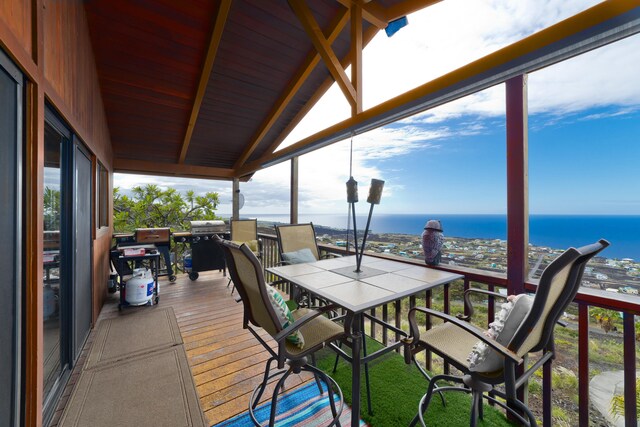 88-1544 Pikake Ave, Captain Cook, HI 96704 - wooden deck with a water view, outdoor dining space, and area for grilling