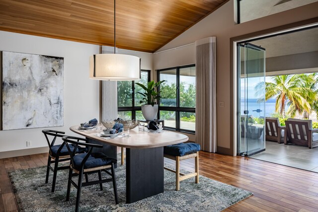 59-217 Lele Naia Dr, Kamuela, HI 96743 - dining space with lofted ceiling, wood ceiling, and wood finished floors