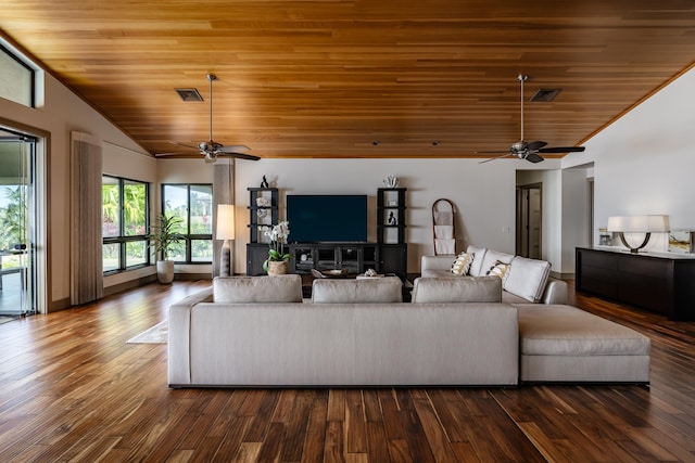 59-217 Lele Naia Dr, Kamuela, HI 96743 - living area featuring ceiling fan, vaulted ceiling, wood ceiling, and dark wood-style flooring