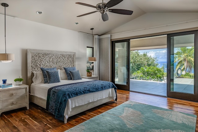 59-217 Lele Naia Dr, Kamuela, HI 96743 - bedroom featuring vaulted ceiling, access to exterior, hardwood / wood-style flooring, recessed lighting, and a ceiling fan