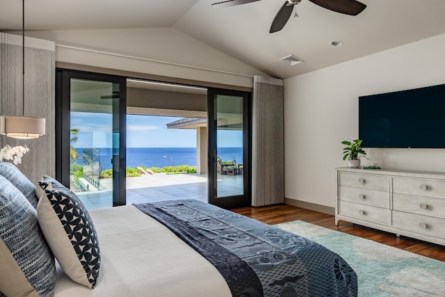 59-217 Lele Naia Dr, Kamuela, HI 96743 - bedroom with vaulted ceiling, access to outside, wood finished floors, and ceiling fan