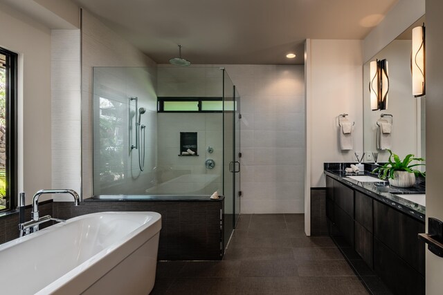 59-217 Lele Naia Dr, Kamuela, HI 96743 - bathroom with a shower stall, a freestanding bath, double vanity, recessed lighting, and tile patterned flooring
