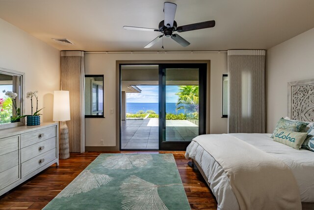 59-217 Lele Naia Dr, Kamuela, HI 96743 - bedroom with access to exterior, dark wood-style floors, and ceiling fan