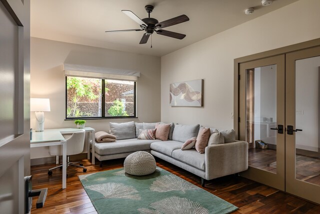 59-217 Lele Naia Dr, Kamuela, HI 96743 - living area with french doors, wood finished floors, ceiling fan, and an office area