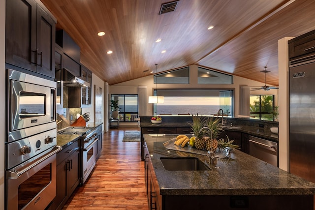 59-217 Lele Naia Dr, Kamuela, HI 96743 - kitchen featuring premium appliances, vaulted ceiling, wooden ceiling, an island with sink, and wood finished floors