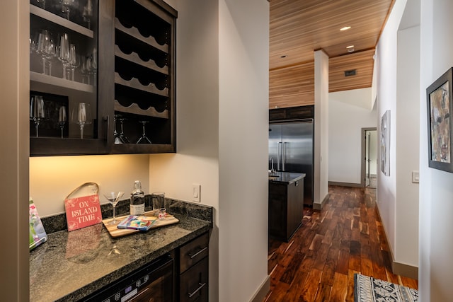 59-217 Lele Naia Dr, Kamuela, HI 96743 - bar area with dark wood-style flooring, built in fridge, wooden ceiling, and recessed lighting