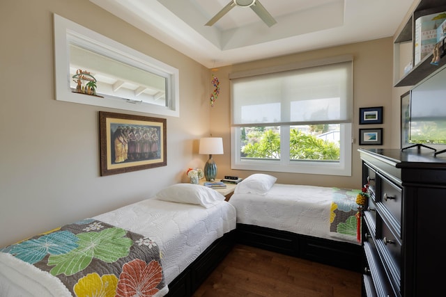 68-3609 Eleele St, Waikoloa, HI 96738 - bedroom featuring dark wood-type flooring, a tray ceiling, and a ceiling fan