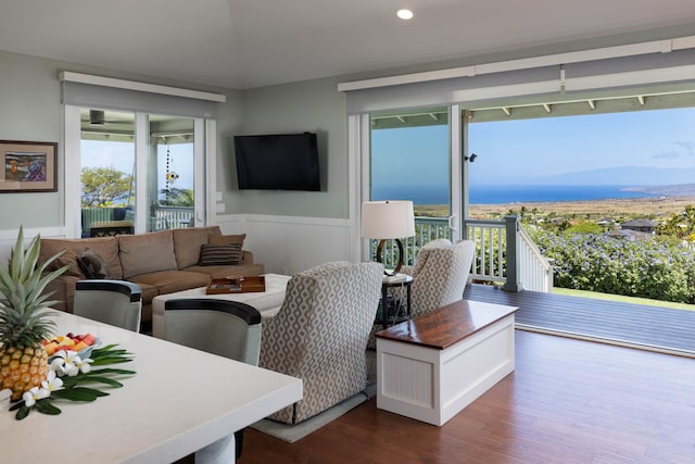68-3609 Eleele St, Waikoloa, HI 96738 - living area featuring wainscoting, dark wood finished floors, and recessed lighting
