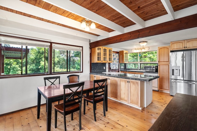 64-5266 Puu Nani Dr, Kamuela, HI 96743 - kitchen featuring appliances with stainless steel finishes, glass insert cabinets, healthy amount of natural light, dark countertops, and a wood ceiling with exposed beams