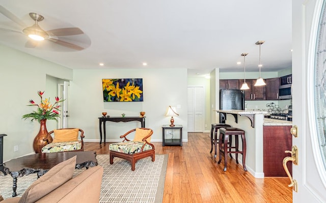 11-3082 Pa Alii St, Volcano, HI 96785 - living room featuring light wood-style floors, ceiling fan, and recessed lighting