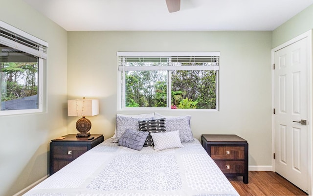 11-3082 Pa Alii St, Volcano, HI 96785 - bedroom with multiple windows, wood finished floors, and a ceiling fan