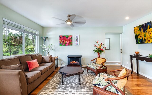 11-3082 Pa Alii St, Volcano, HI 96785 - living area with wood finished floors, a ceiling fan, and recessed lighting