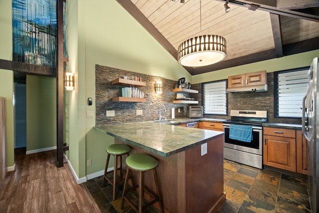 4701 Kawaihau Rd Unit B201, Kapaa, HI 96746 - kitchen featuring stainless steel electric range oven, wooden ceiling, open shelves, a peninsula, and decorative backsplash