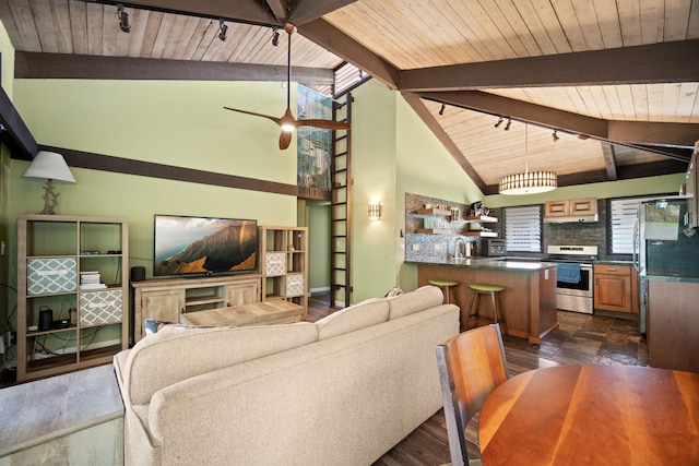 4701 Kawaihau Rd Unit B201, Kapaa, HI 96746 - living area featuring wooden ceiling, ceiling fan, and rail lighting