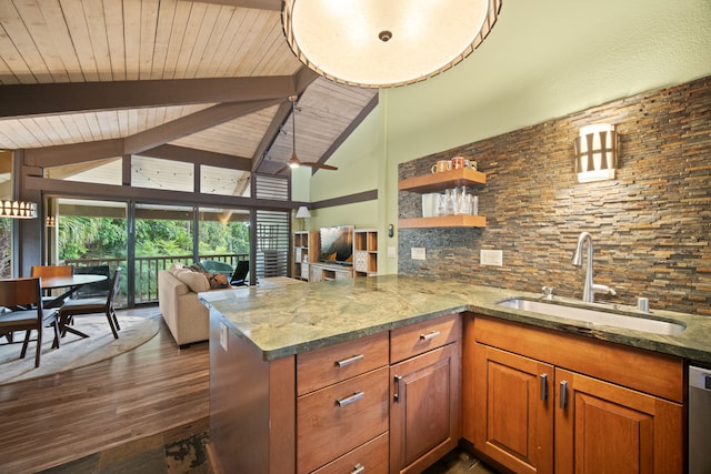 4701 Kawaihau Rd Unit B201, Kapaa, HI 96746 - kitchen featuring high vaulted ceiling, open floor plan, a wooden ceiling with exposed beams, stone counters, and dark wood-style floors
