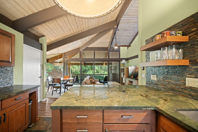 4701 Kawaihau Rd Unit B201, Kapaa, HI 96746 - kitchen with a wooden ceiling with exposed beams, decorative backsplash, open shelves, a peninsula, and brown cabinetry