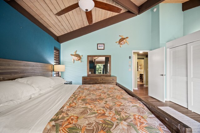 4701 Kawaihau Rd Unit B201, Kapaa, HI 96746 - bedroom featuring high vaulted ceiling, wood finished floors, a ceiling fan, a closet, and a wood ceiling with exposed beams