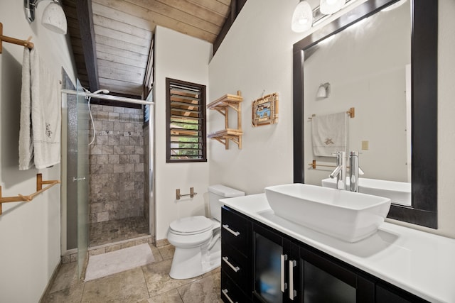 4701 Kawaihau Rd Unit B201, Kapaa, HI 96746 - bathroom featuring wooden ceiling, vanity, a stall shower, and stone tile flooring