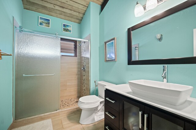 4701 Kawaihau Rd Unit B201, Kapaa, HI 96746 - full bath with vanity, a shower stall, wood finished floors, wooden ceiling, and lofted ceiling