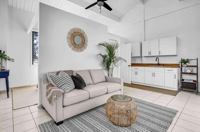 73-4338 Napoo Pl, Kailua-Kona, HI 96740 - living room featuring light tile patterned flooring, a wood ceiling with exposed beams, a ceiling fan, and high vaulted ceiling
