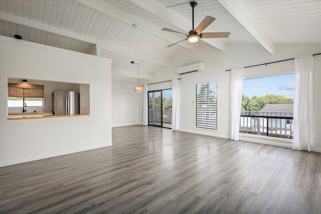 73-4338 Napoo Pl, Kailua-Kona, HI 96740 - unfurnished living room with an AC wall unit, a ceiling fan, and wood finished floors
