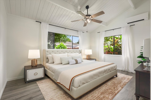 73-4338 Napoo Pl, Kailua-Kona, HI 96740 - bedroom with a wall unit AC, wood finished floors, wooden ceiling, and a ceiling fan