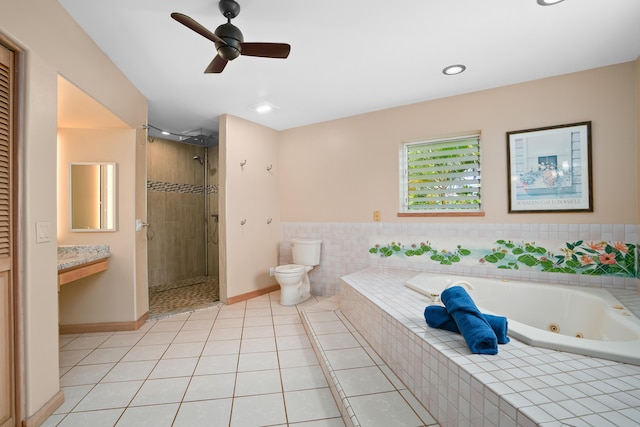 4491 Kikiaola Pl, Kekaha, HI 96752 - bathroom featuring a tub with jets, a shower stall, tile patterned flooring, a ceiling fan, and recessed lighting