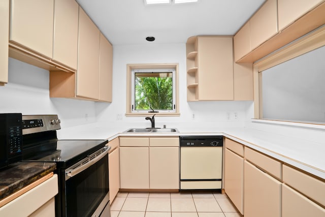 4491 Kikiaola Pl, Kekaha, HI 96752 - kitchen featuring white dishwasher, stainless steel electric stove, cream cabinets, light tile patterned floors, and open shelves