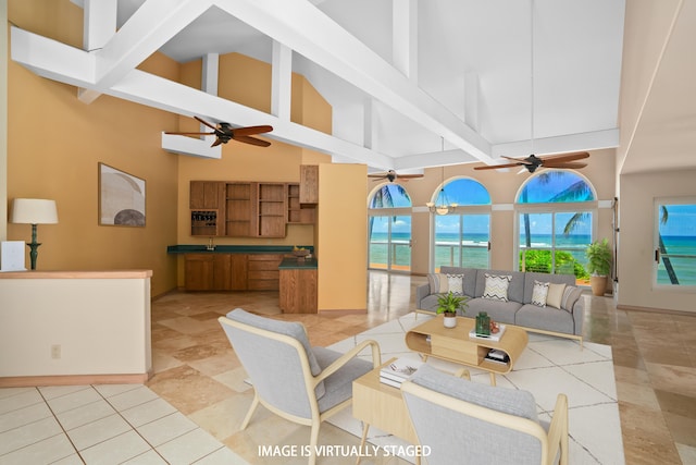 4491 Kikiaola Pl, Kekaha, HI 96752 - living area featuring high vaulted ceiling, a ceiling fan, beam ceiling, a water view, and light tile patterned floors