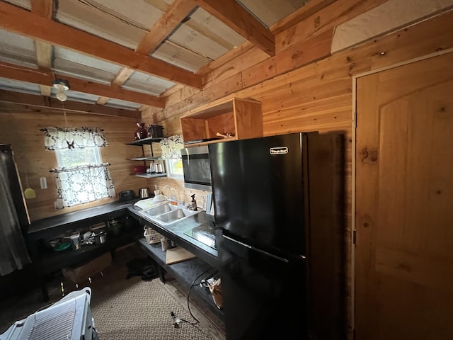 18-2040 Pomaikai St, Volcano, HI 96785 - kitchen with freestanding refrigerator, wooden walls, open shelves, stainless steel microwave, and beamed ceiling